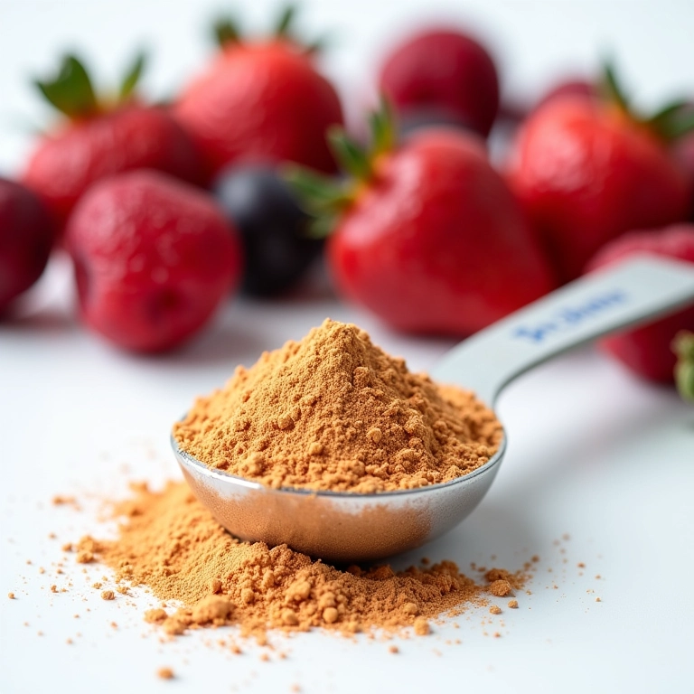 Pectina em pó Dr. Oetker em colher medidora, com frutas vermelhas ao fundo.