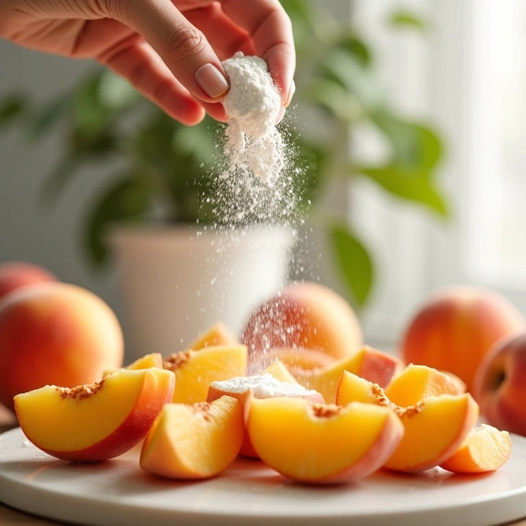 Pectina em pó sendo polvilhada sobre pêssegos fatiados.