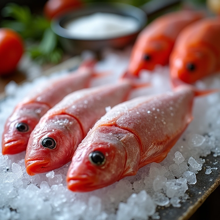 Peixe conservado no gelo com sal, abaixando a temperatura.