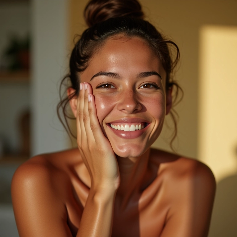Pele radiante e luminosa após a dupla limpeza.