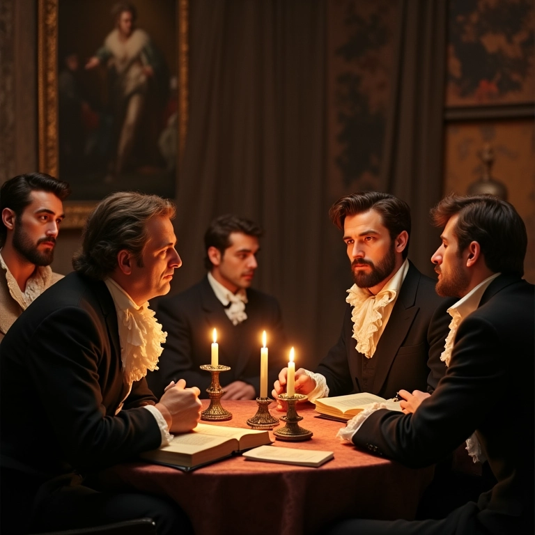 Pensadores iluministas debatendo em um salão parisiense.