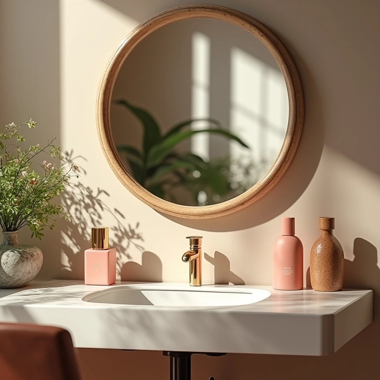 Penteadeira com espelho decorativo.