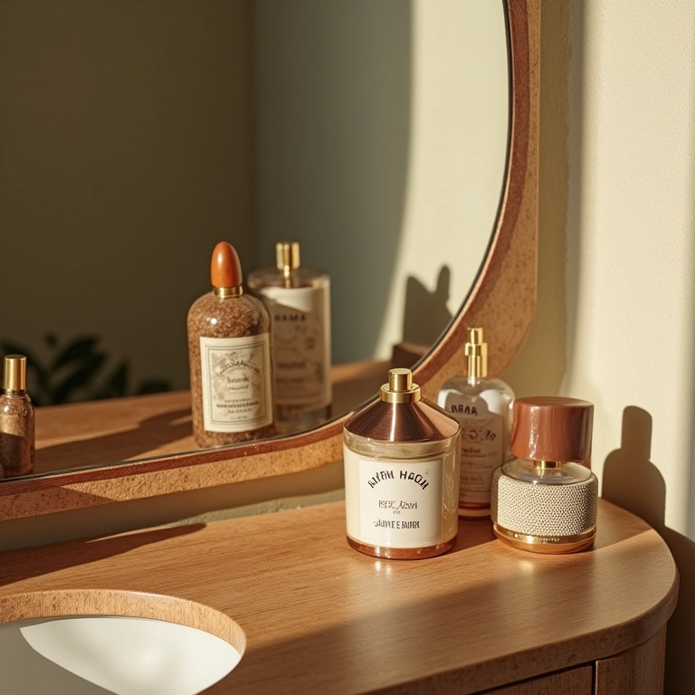 Penteadeira decorada com perfumes e itens pessoais.