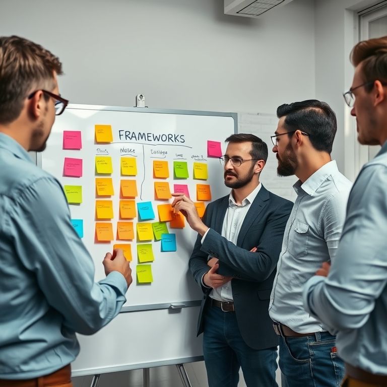 Pequena empresa escolhendo framework ágil. Anotações coloridas no quadro.