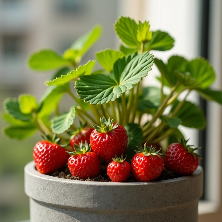 Pequenas frutas vermelhas crescendo em vaso de cimento.