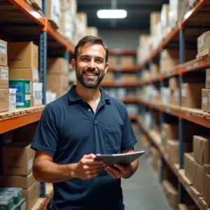 Pequeno empresário sorrindo em seu estoque organizado.
