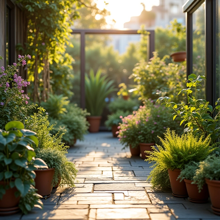 Pequeno jardim sensorial em um pátio ensolarado, mostrando a escolha do espaço.