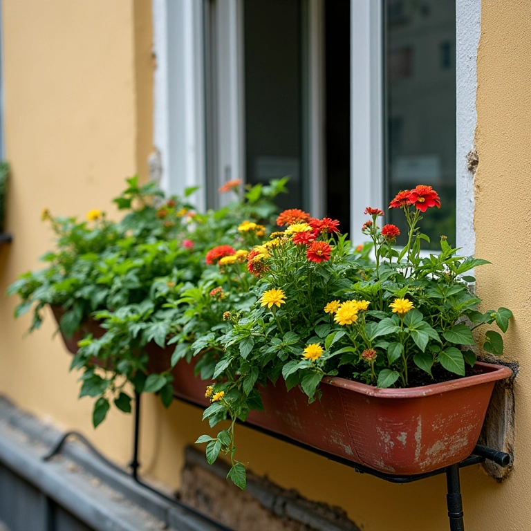 Pequeno jardim vertical em varanda de casa geminada, com flores coloridas e folhagem verde.