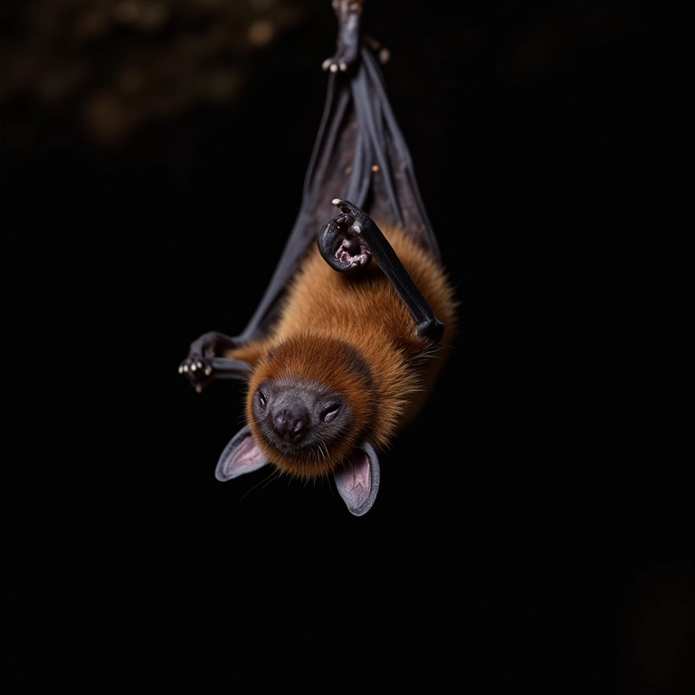 Pequeno morcego marrom dormindo de cabeça para baixo.