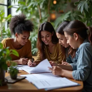 Pequenos empresários brasileiros revisando finanças em espaço de coworking.
