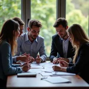 Pequenos empresários discutindo estratégias para licitações.