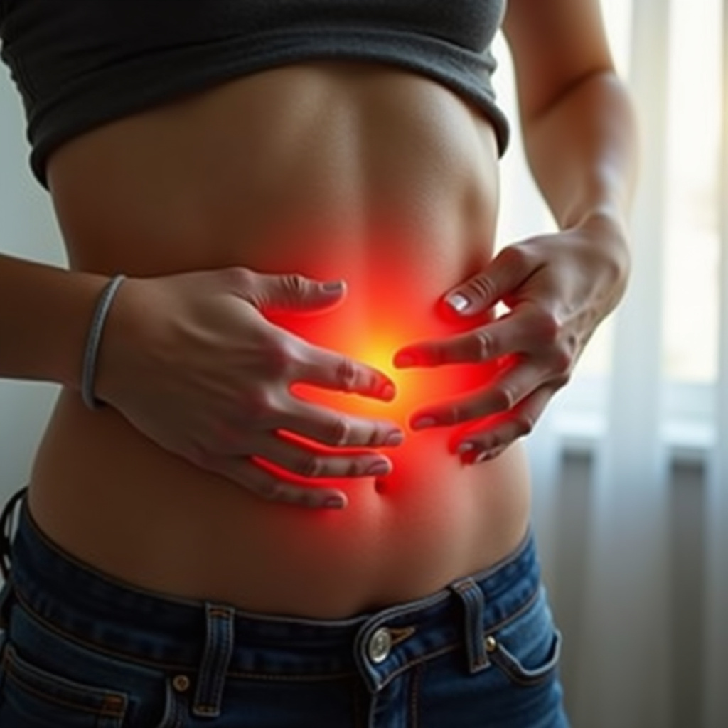 Person holding stomach, upper abdominal pain, sunlight streaming through window. 8K, sharp focus, Dor abdominal superior.