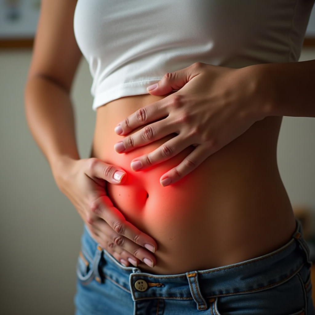 Person with lower abdominal pain, hand on stomach, Brazilian home setting, natural light. 8K, sharp Dor abdominal inferior.