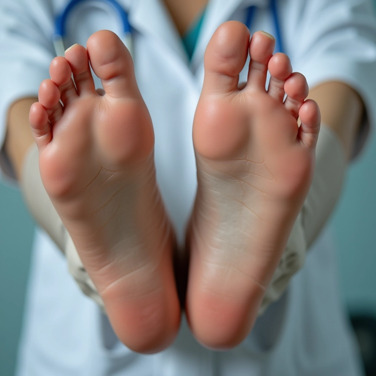 Pés com sinais de ressecamento e possível micose.