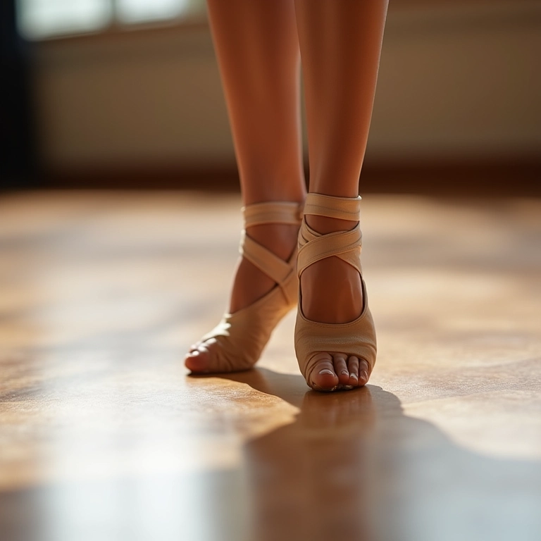 Pés de dançarino em piso de estúdio de dança.