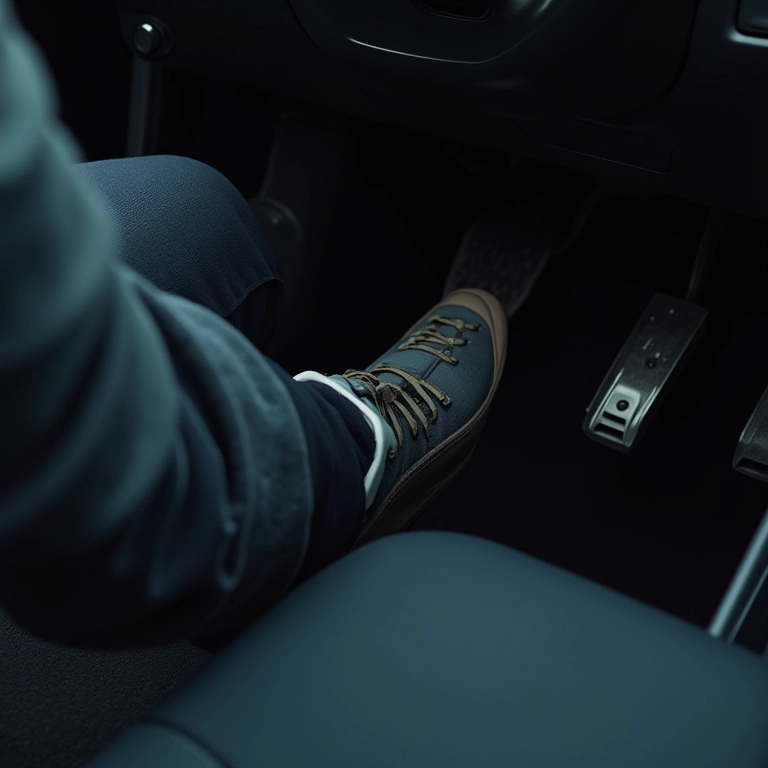 Pés do piloto coordenando embreagem e acelerador para largada.