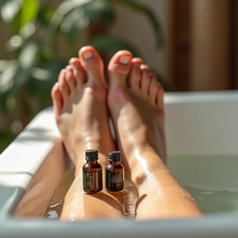 Pés relaxando em um banho com óleos essenciais.