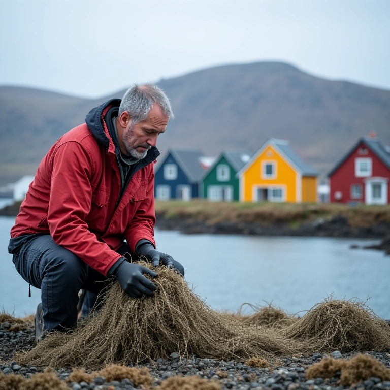 Pescador groenlandês reparando redes com casas coloridas ao fundo.