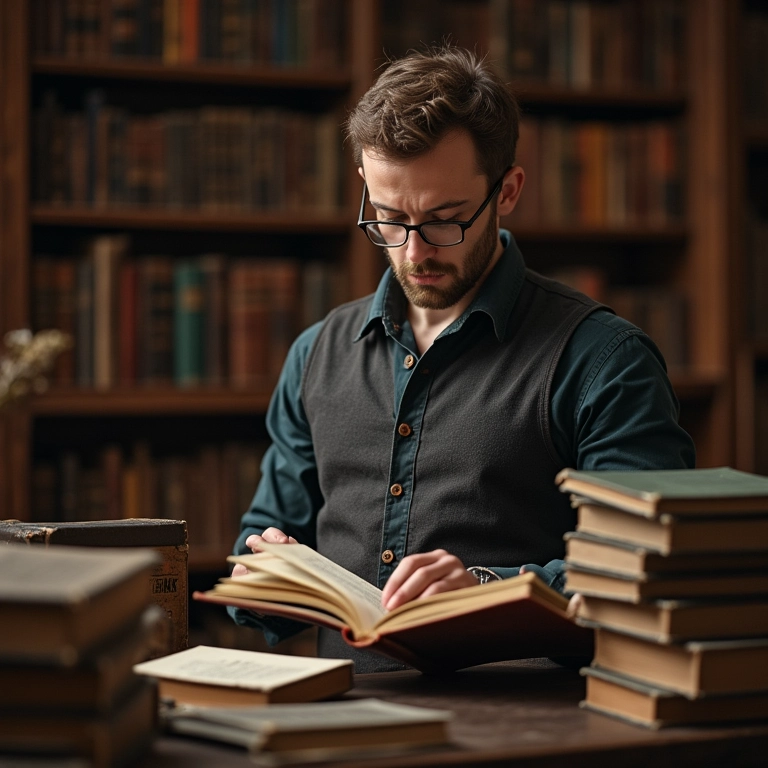Pesquisador analisando livros antigos em biblioteca.