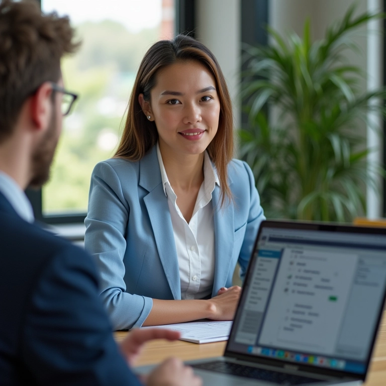 Pesquisador de mercado conversando com contador em videochamada.