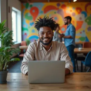 Pesquisador de mercado freelancer trabalhando em laptop em espaço de coworking vibrante.