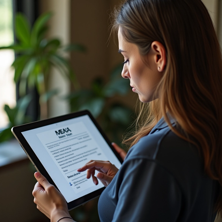 Pesquisador de mercado revisando obrigações do MEI em um tablet.
