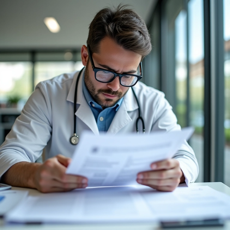 Pesquisador examinando documentos para 'Busca de Anterioridade'.