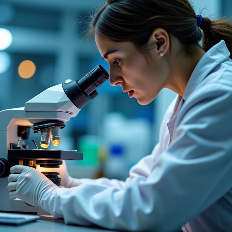 Pesquisador examinando nanopartículas de ouro coloidal sob microscópio.