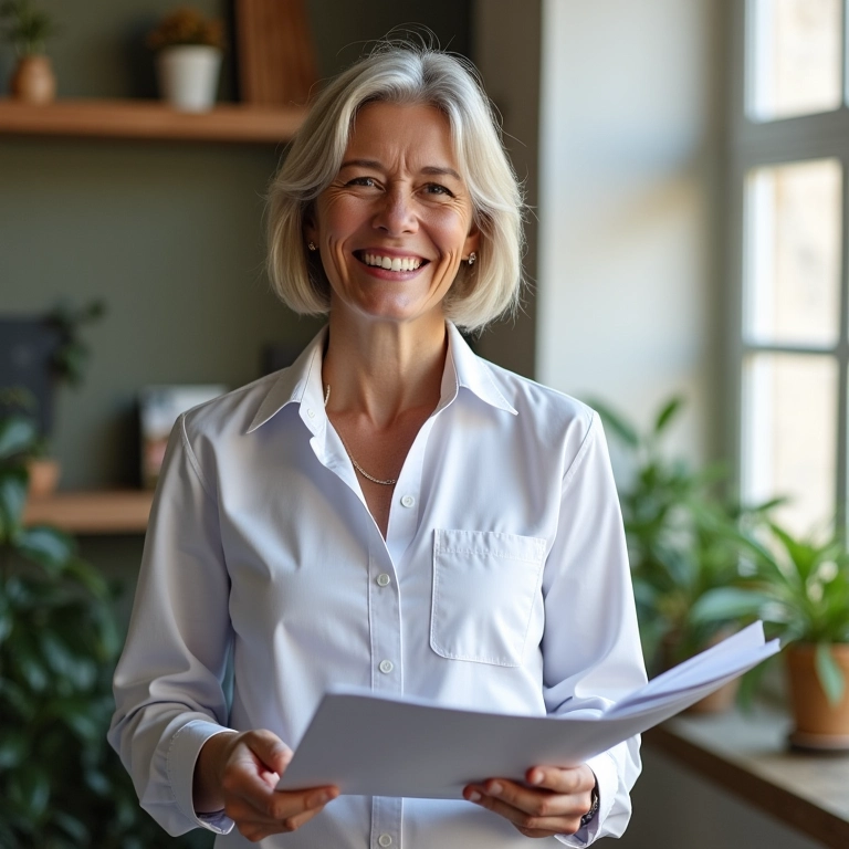 Pesquisadora de mercado sorrindo com documentos sobre vantagens do MEI.