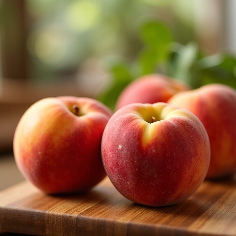 Pêssegos frescos em tábua de madeira, luz solar na cozinha.