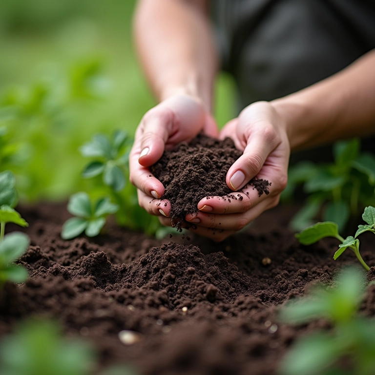 Pessoa adicionando composto ao solo do jardim, mostrando como aumentar a matéria orgânica.