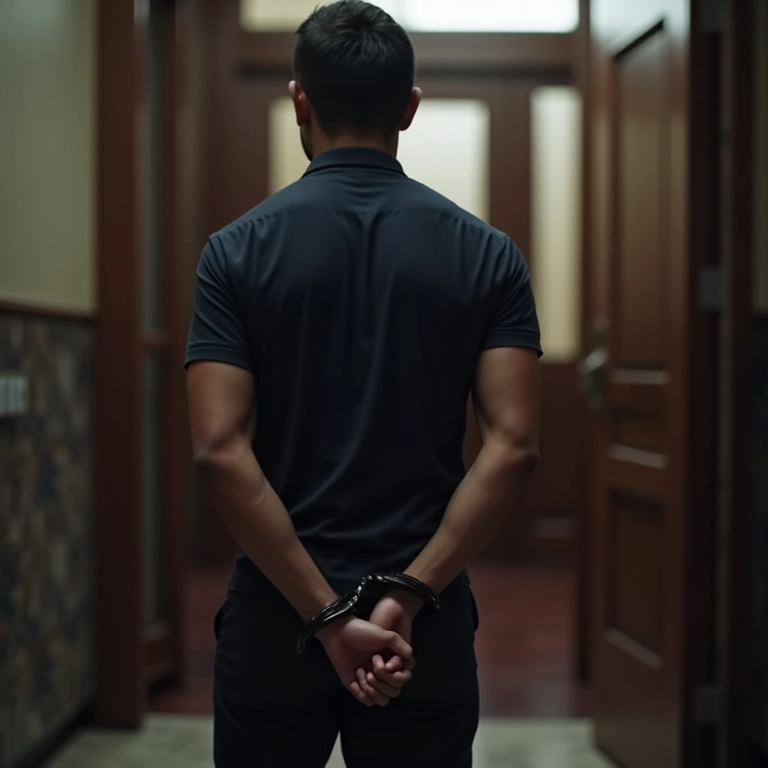 Pessoa algemada sendo levada, representando processos criminais por evasão fiscal.