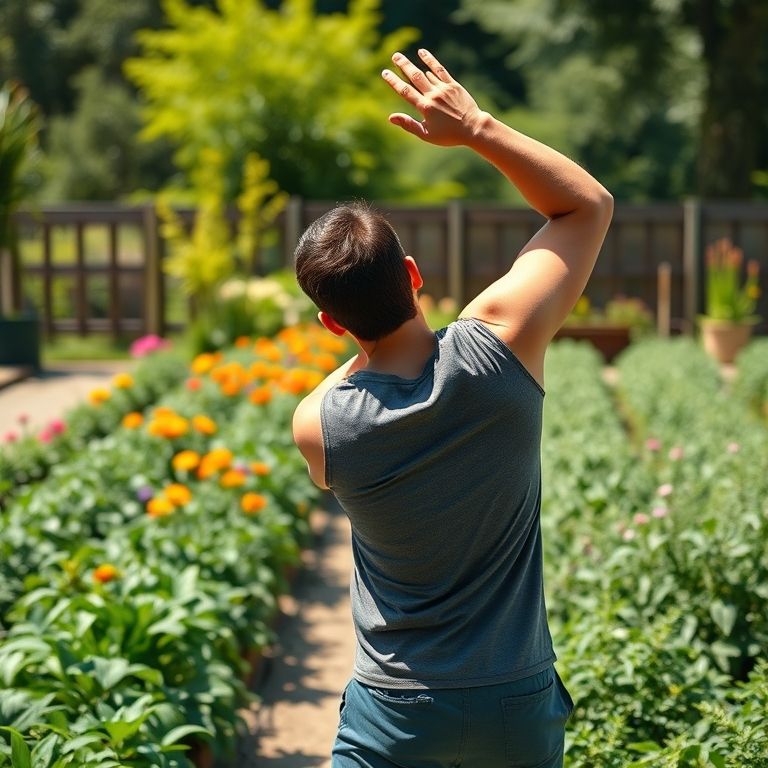 Pessoa alongando-se em um jardim antes de começar a jardinagem, promovendo a atividade física e a coordenação motora.