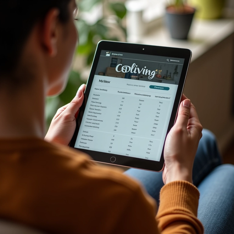Pessoa analisando orçamento de coliving em um tablet, comparando os custos e benefícios.