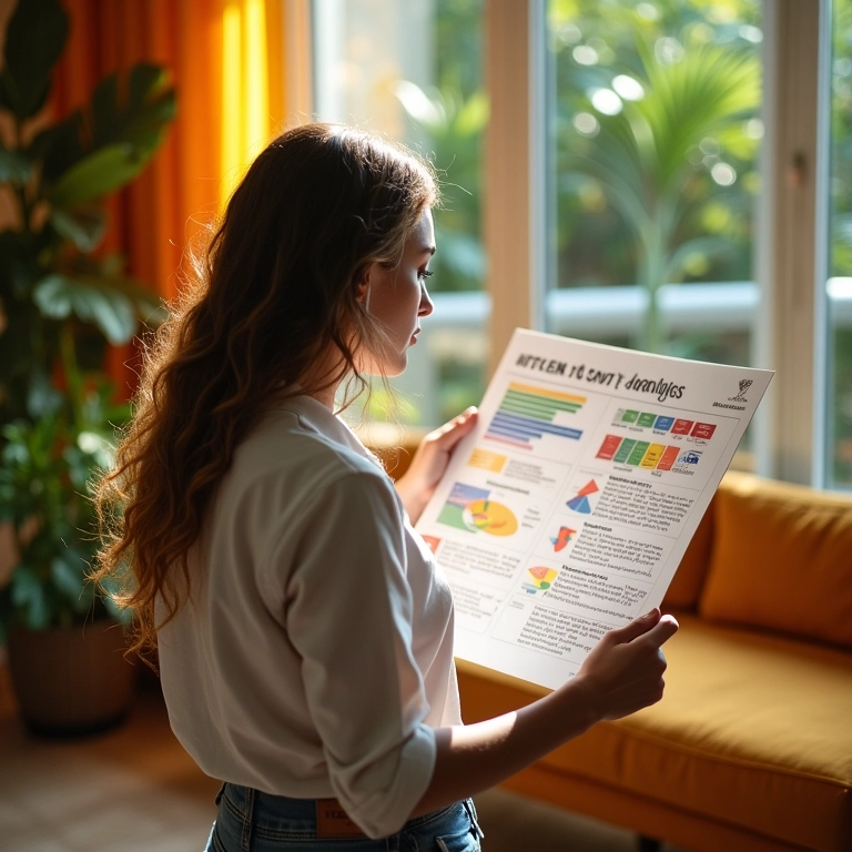 Pessoa analisando uma matriz SWOT em um escritório com decoração brasileira, representando a análise de pontos fortes e fracos.