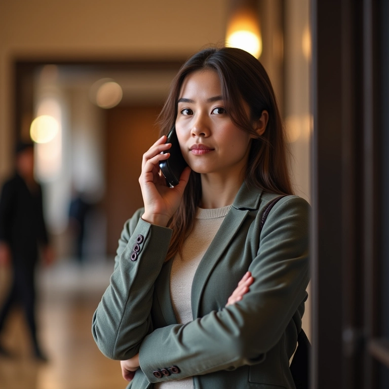 Pessoa ao telefone explicando problema na recepção do hotel.