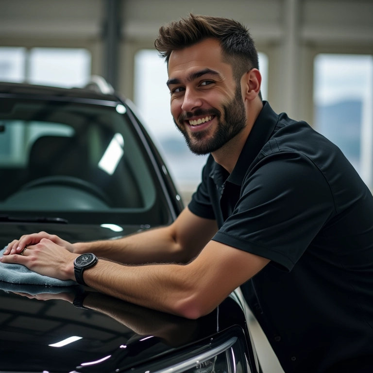 Pessoa aplicando cera no carro preto com facilidade e um sorriso no rosto.
