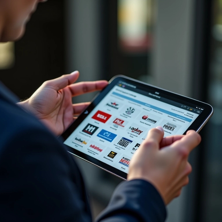 Pessoa avaliando cuidadosamente opções de franquias em um tablet.