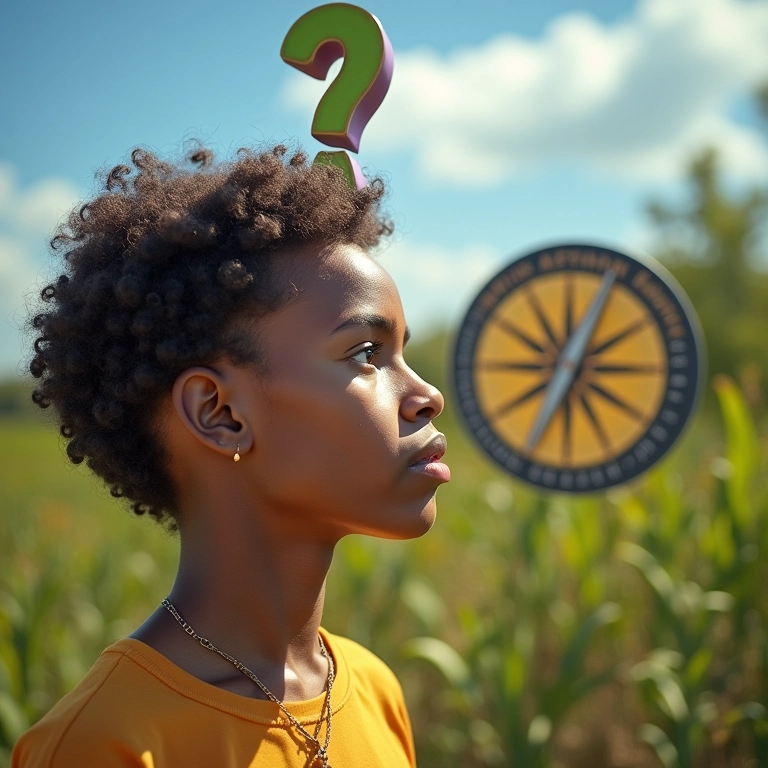 Pessoa brasileira com ponto de interrogação olhando para uma bússola com rótulos de atração, comparando orientação sexual e identidade de gênero.