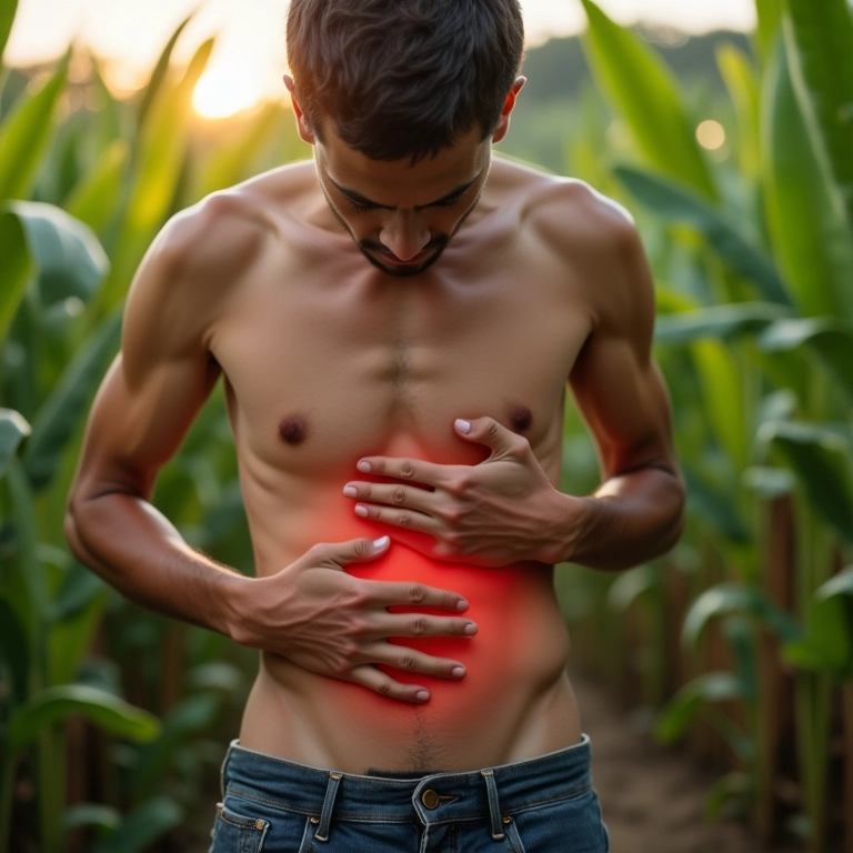 Pessoa brasileira sentindo barulhos na barriga, desconforto digestivo.
