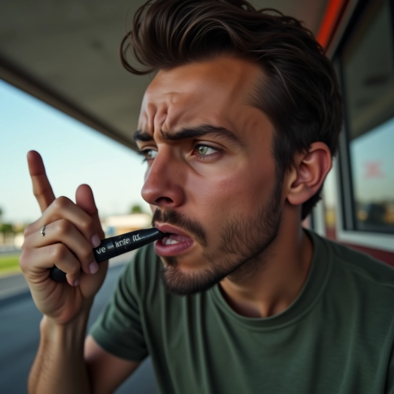 Pessoa cheirando combustível com expressão de nojo.