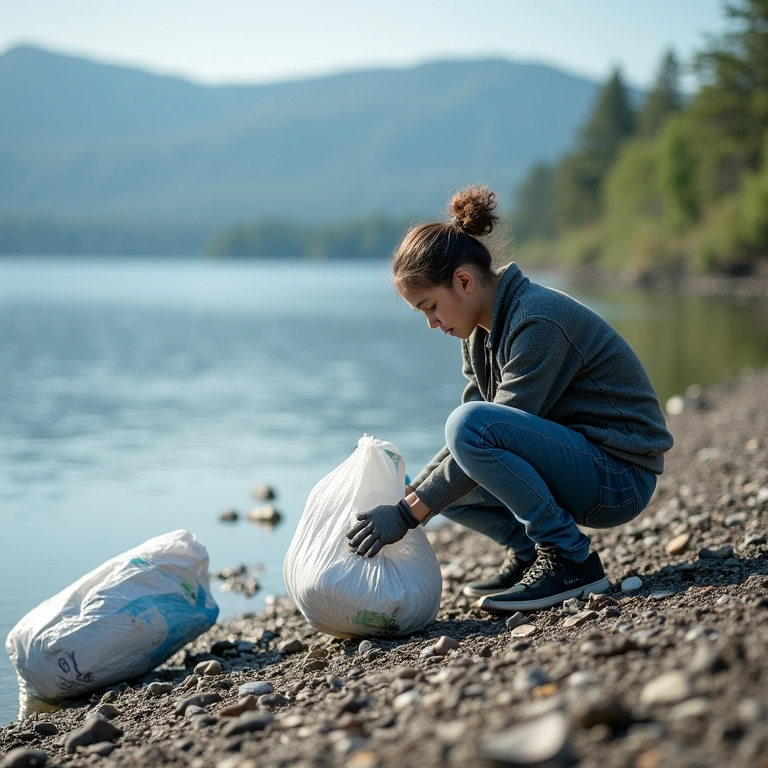 Pessoa coletando lixo plástico perto de uma lagoa, ajudando a preservar.