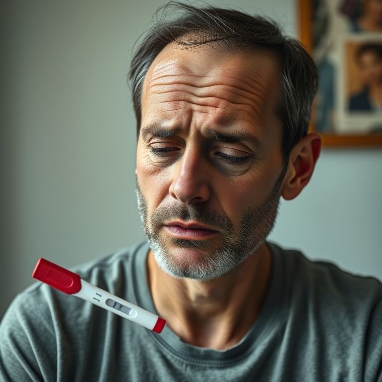 Pessoa com aparência pálida e cansada, kit de teste de sangue próximo.