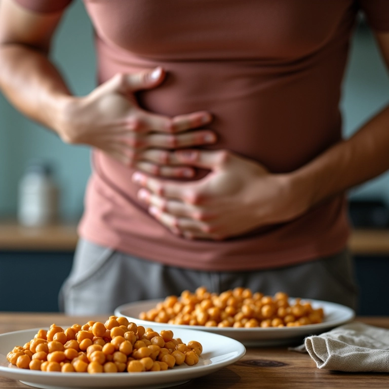 Pessoa com dor de barriga perto de um prato de grão de bico.