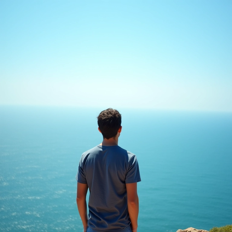 Pessoa contemplando o sentido da vida à beira-mar.