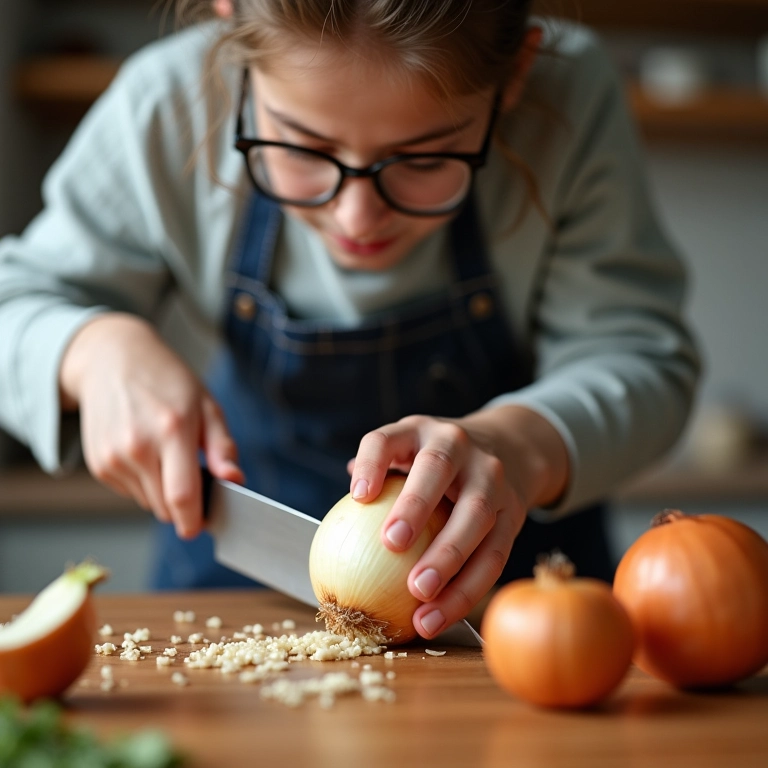 Pessoa cortando cebola sem chorar.