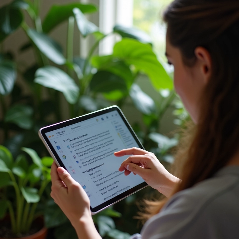 Pessoa criando conteúdo de valor em um tablet, com elementos de design brasileiro.