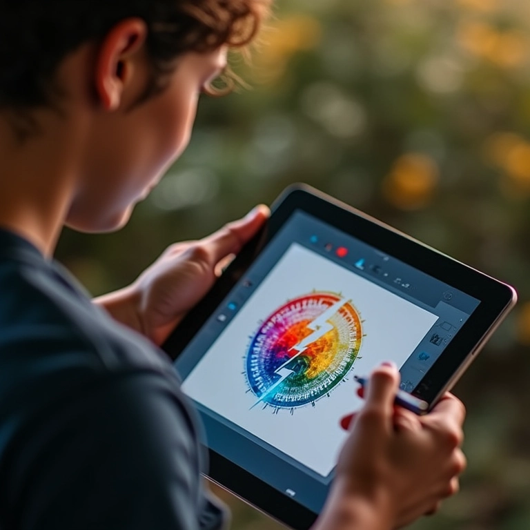 Pessoa criando logo vibrante em tablet, representando criação de marca.