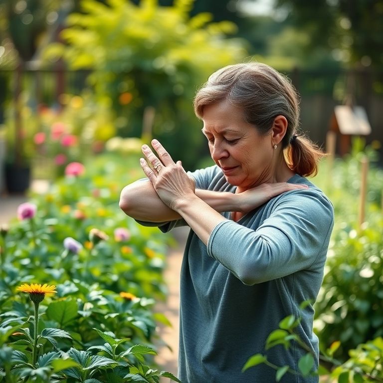 Pessoa cuidando suavemente de um jardim enquanto se alonga, aliviando dores e melhorando o sono.