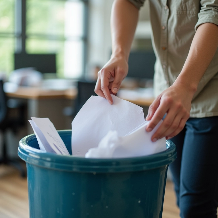 Pessoa descartando papéis desnecessários, eliminando desperdícios no escritório.